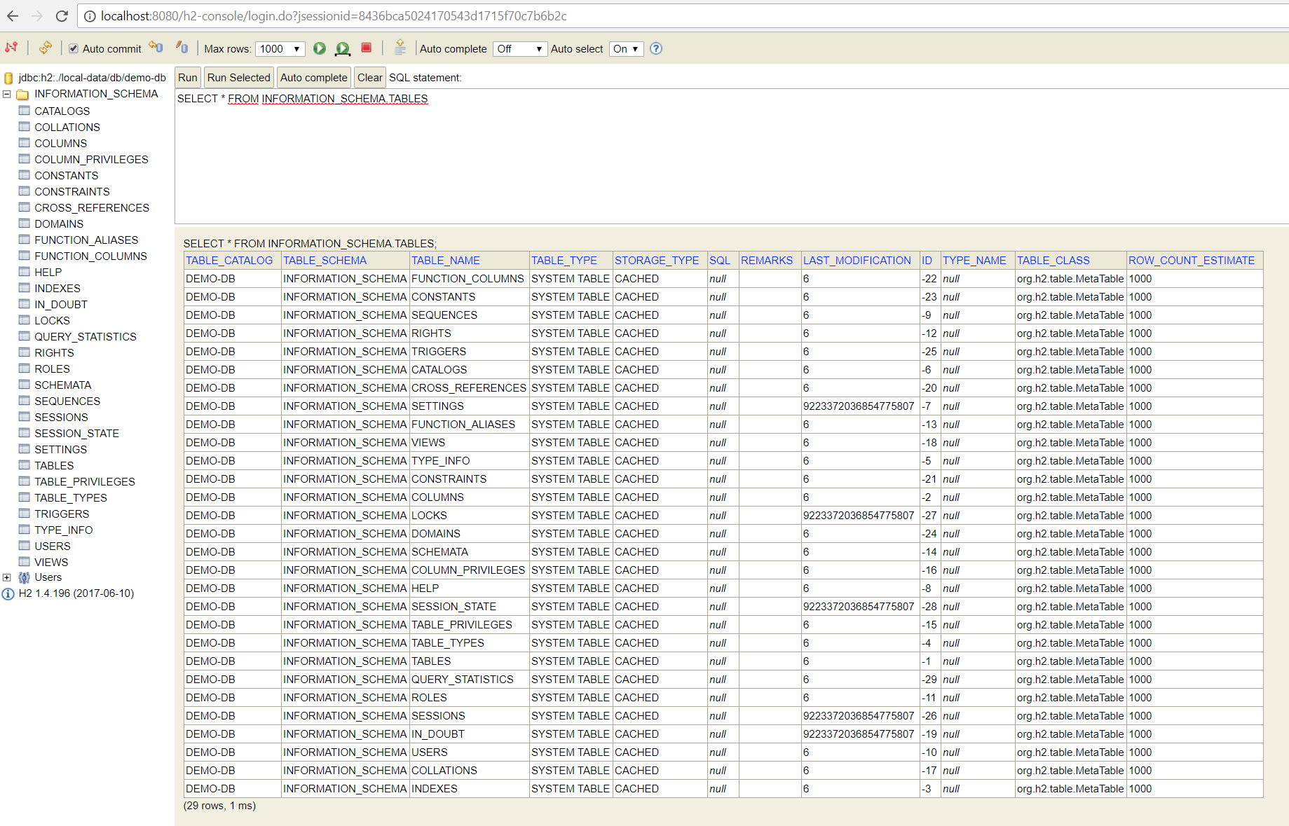 Using h2-console to connect to the local file database