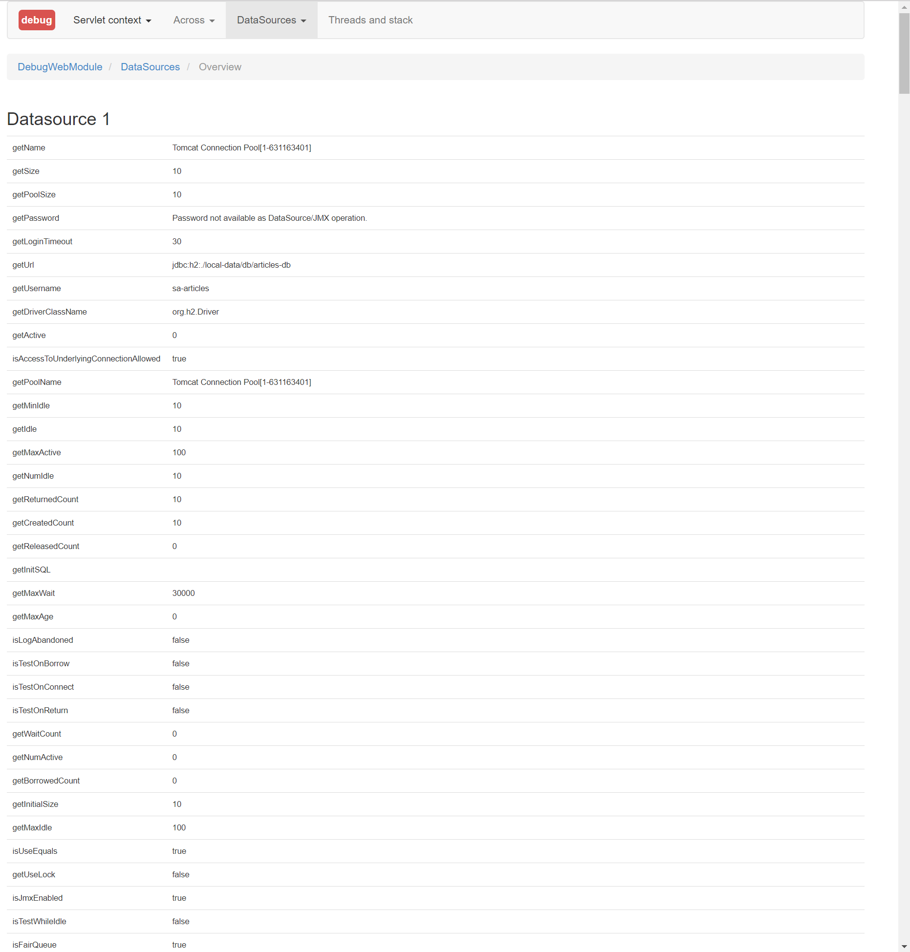 Listing of datasources by DebugWebModule