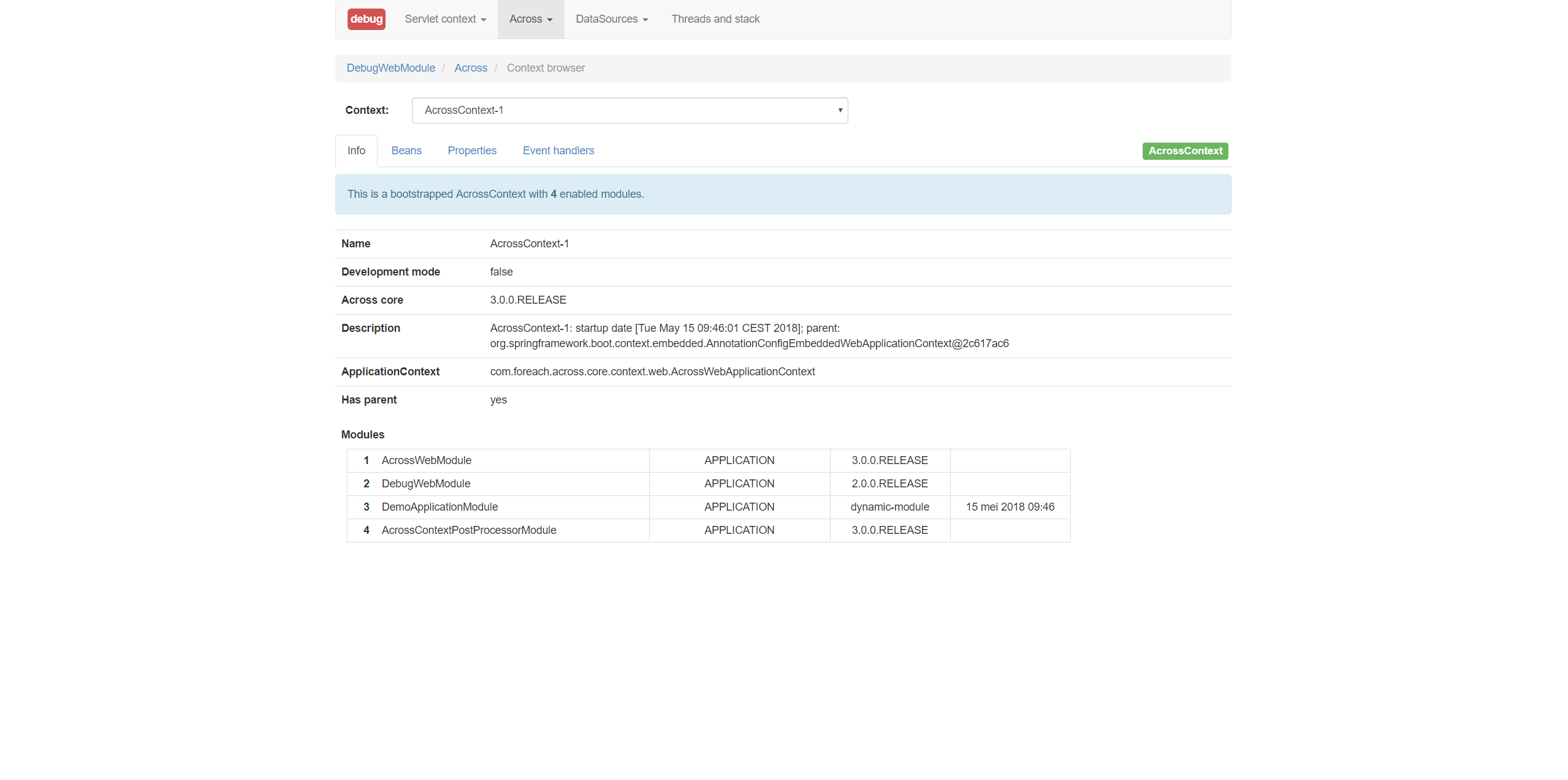 The context browser provided by DebugWebModule